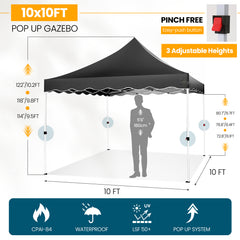 HOTEEL 10x10 Outdoor Canopy Party Tent EZ Pop Up Canopy Portable Commercial Instant Canopy Shelter Tent Waterproof Gazebo with 4 Sidewalls & Carry Bag,Stakes & Ropes,Black