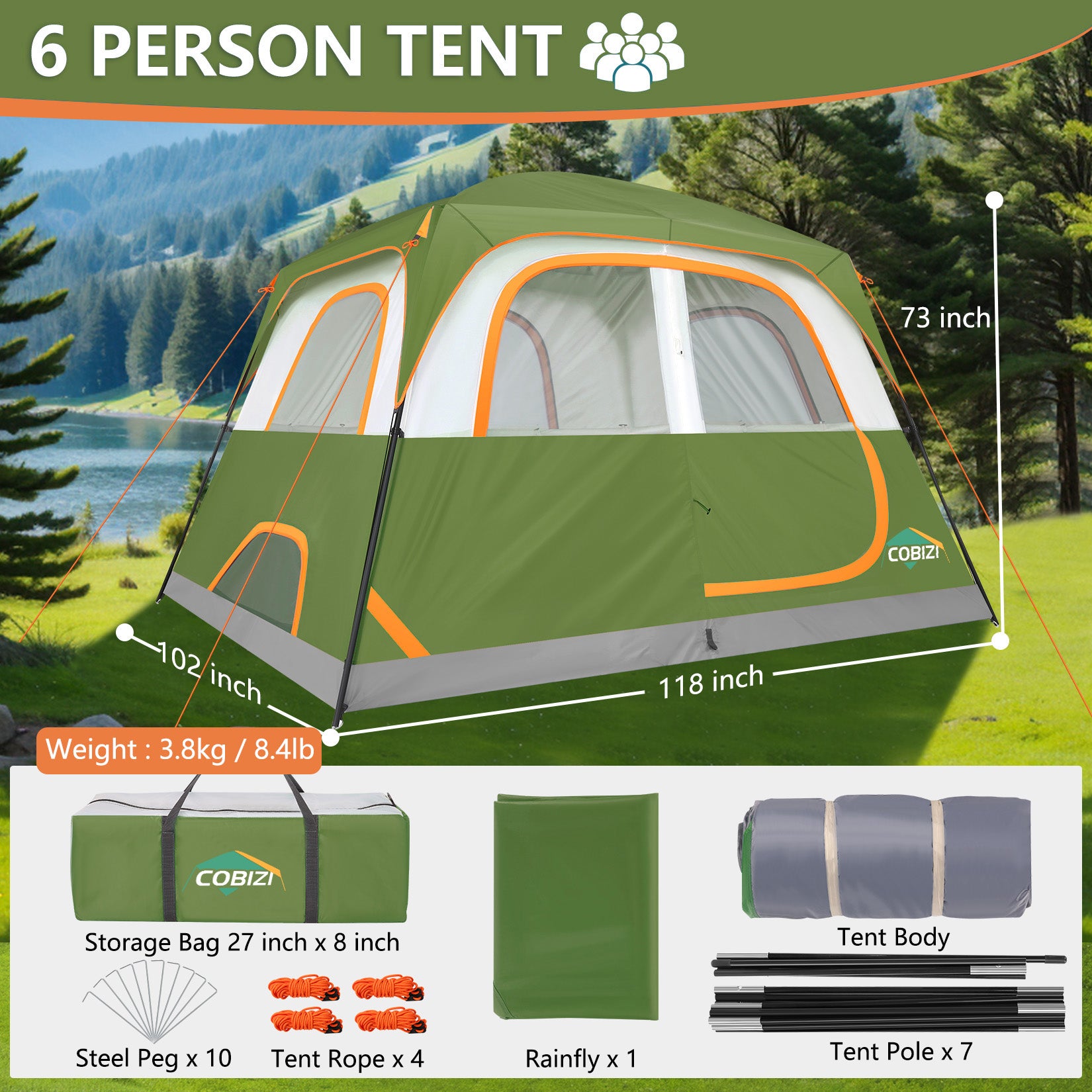 COBIZI 6 Person Easy Setup  Camping Tent with Rainfly & Screen Windows SPC175