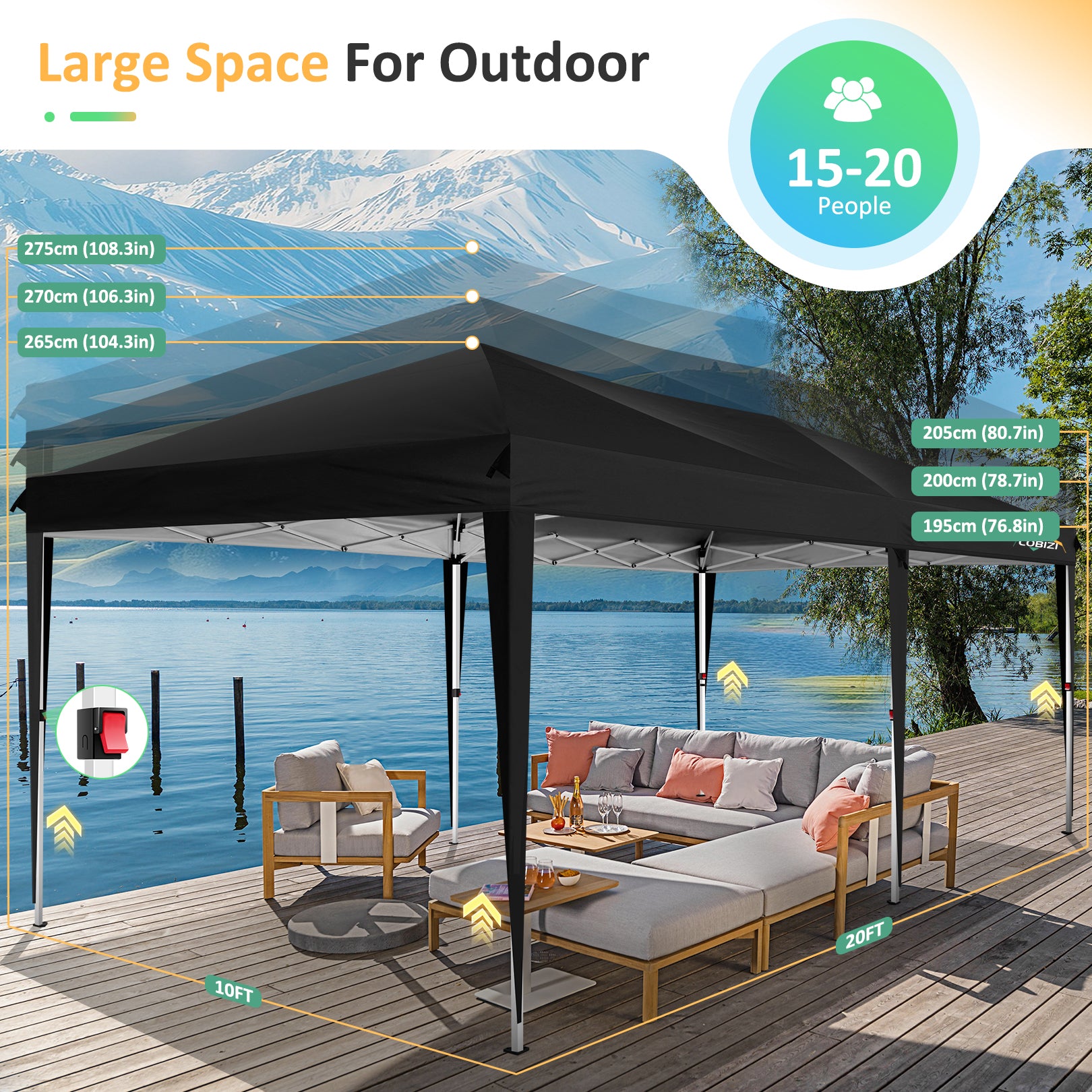 COBIZI 10'x20' Pop Up Canopy with 6 Sidewalls, Instant Set Up, SPC18