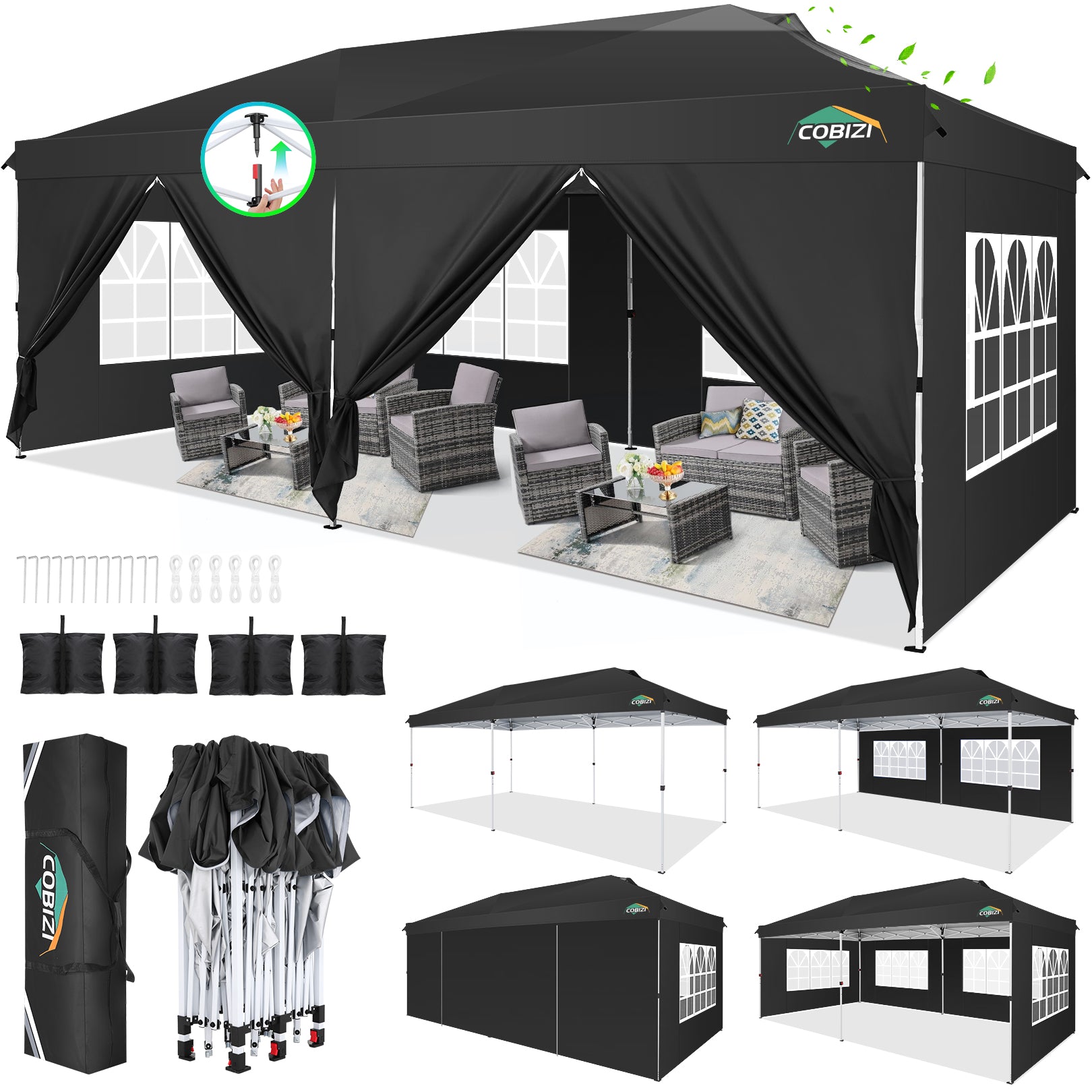 COBIZI 10'x20' Pop-Up Canopy With Side Walls & Reinforced Poles SPC241