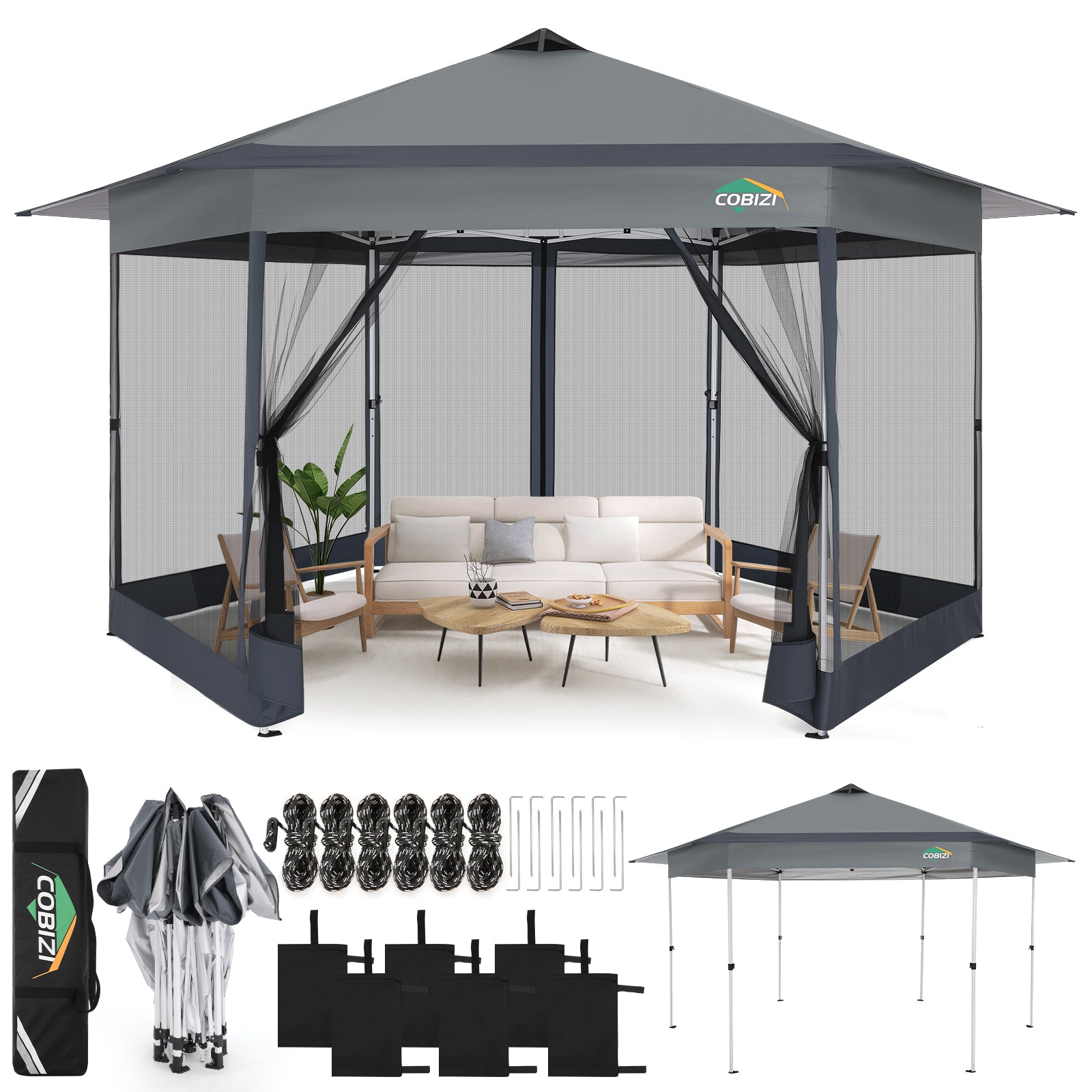 COBIZI 13'x13' Portable Pop Up Canopy Gazebo With 6 Mosquito Netting Sidewalls , SPC266