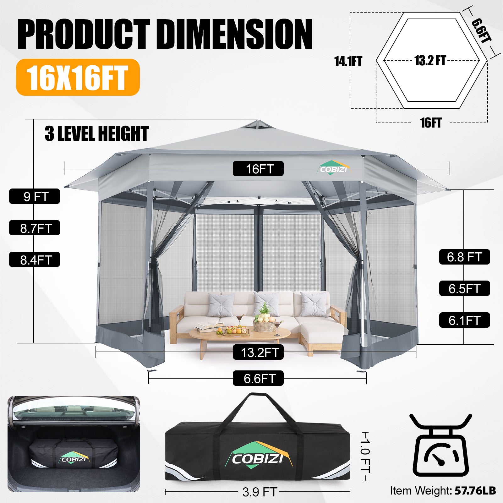 COBIZI 13'x13' Portable Pop Up Canopy Gazebo With 6 Mosquito Netting Sidewalls , SPC266