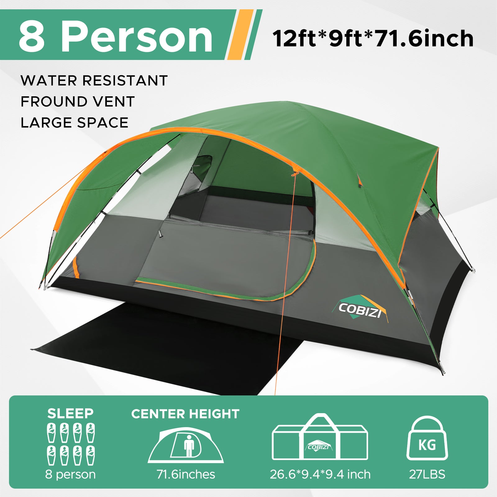 COBIZI 8-10 Person Camping Tent, Waterproof Family Tent with Removable Rainfly, Large Spacious Outdoor Tent with Mesh Ventilation, Easy Setup Portable Tent  SPC000268