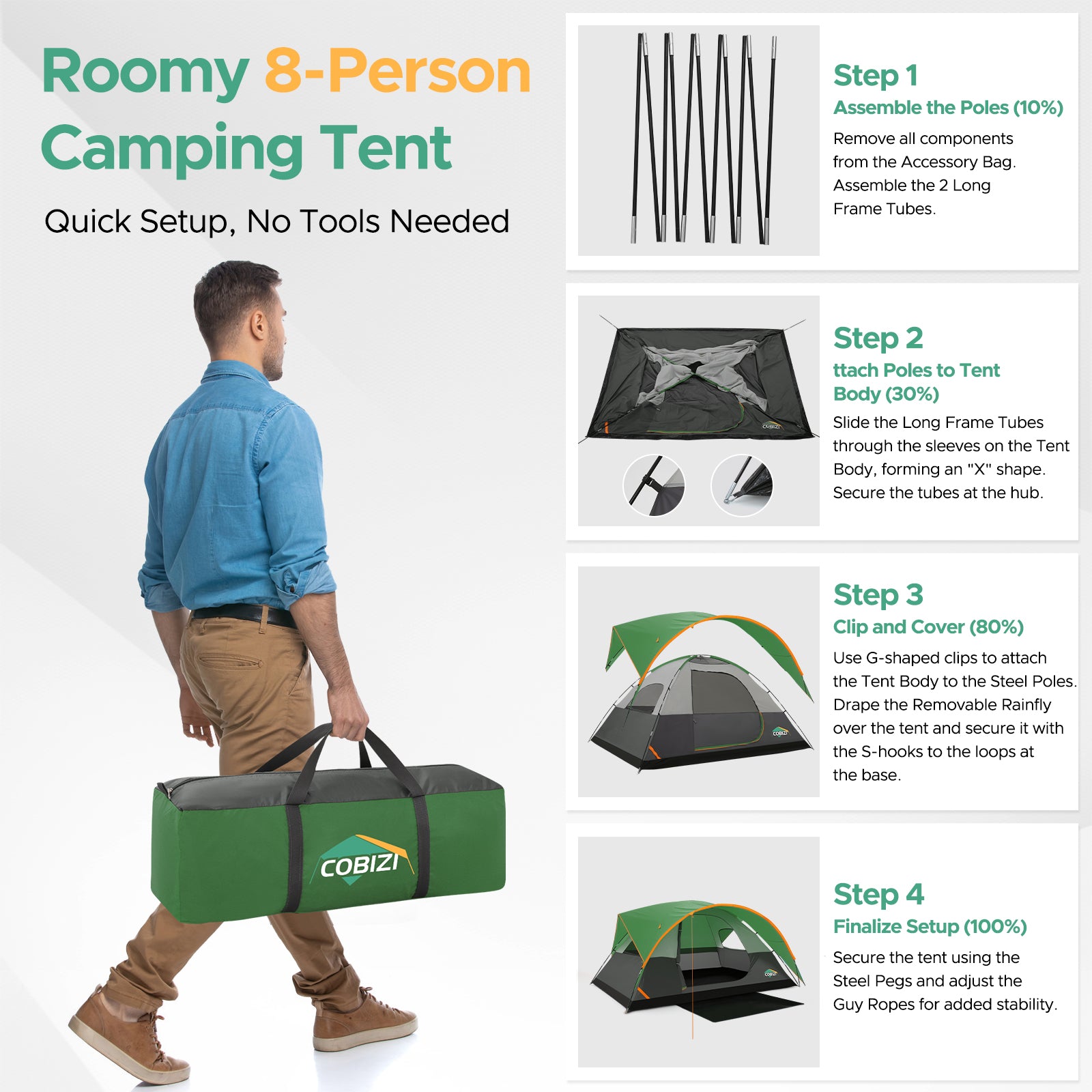 COBIZI 8-10 Person Camping Tent, Waterproof Family Tent with Removable Rainfly, Large Spacious Outdoor Tent with Mesh Ventilation, Easy Setup Portable Tent  SPC000268