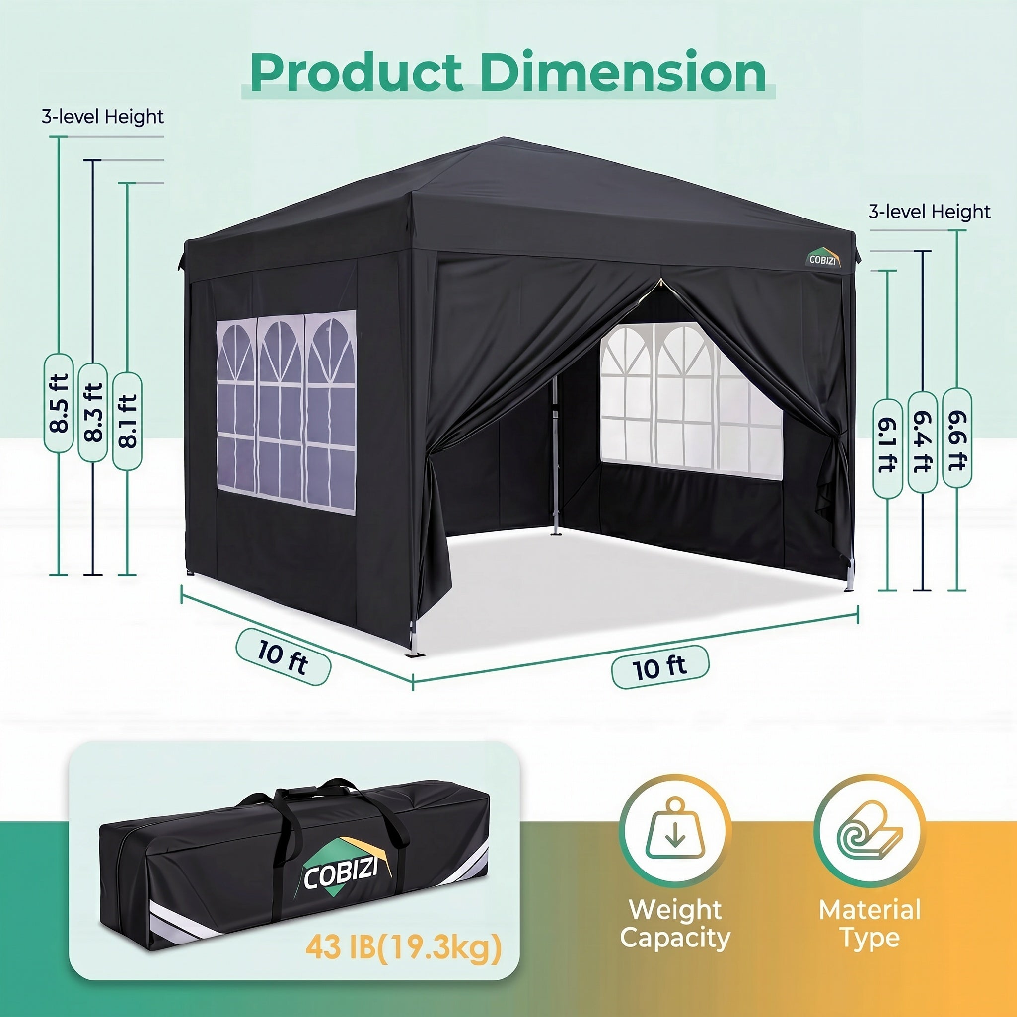 Cobizi 10'x10'/10'x20/10'x30' Protable Waterproof Pop up Canopy with 6 Sidewalls  SPC202