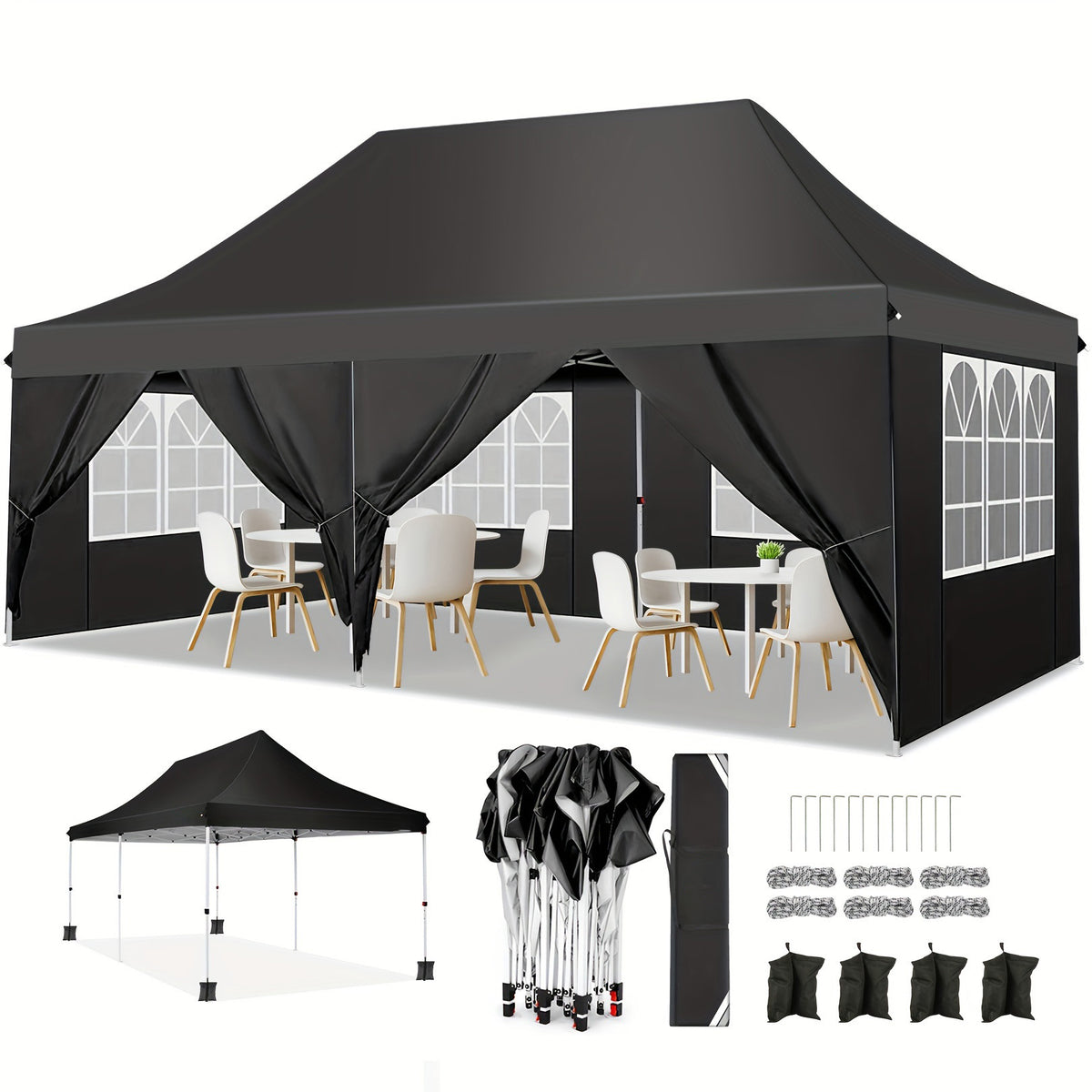 HOTEEL 10x20 Pop Up Canopy Tent with 6 Removable Sidewalls,Easy Up Commercial Canopy with Upgrade Raised Roof,Waterproof and UV50+ Gazebo with Carry Bag,Black
