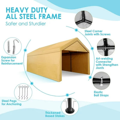 YUEBO Carport, 10'x 20' Heavy Duty Carport with Roll-up Ventilated Windows, Portable Garage with Removable Sidewalls & Doors for Car, Truck, Boat, Car Canopy with All-Season Tarp, Yellow