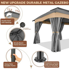 COBIZI Heavy Duty 12'x20' Metal Patio Gazebo Outdoor Gazebo Canopy Tent with 6 Mosquito Netting and Curtains Gazebos Shelter 100% Waterproof with Double Roof for Party, Backyard, Deck, Garden, Gray