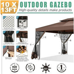 COBIZI 10' x 13' Pop Up Gazebo, Screened Patio Gazebo, Outdoor Steel Double Roof Canopy Tent, Metal Frame Canopy with Mosquito Netting, Sunshade for Garden, Lawns, Brown