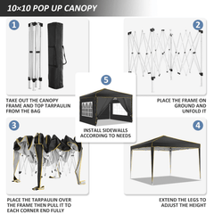 COBIZI  10'x10' Pop up Canopy Tent Commercial Instant Canopy with 4 Sidewalls & Carry Bag 4 Stakes & Ropes & Sandbags Portable Tent for Parties Beach Camping Party Event Shelter Sun Shade