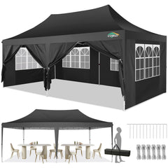 COBIZI 10x20 Pop Up Canopy Tent with 6 Sidewalls, Wedding Party Tent Outdoor Canopy UV50+ Waterproof Canopy Tent Event Shelter, 3 Adjustable Heights, with Carry Bag, Black