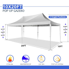 YUEBO Pop Up Canopy 10x20ft Canopy Tent Folding Protable Easy up Sun Shade UV Blocking Waterproof Outdoor Tent Sun Shade Wedding Instant Better Air Circulation Outdoor Gazebo White