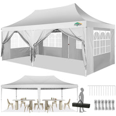 COBIZI 10'x20' Pop Up Canopy Tent with 6 Sidewalls, Wedding Party Tent Outdoor Canopy UV50+ Waterproof Canopy Tent Event Shelter, 3 Adjustable Heights, with Carry Bag, White