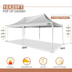 COBIZI 10'x20' Pop Up Canopy Tent with 6 Sidewalls, Wedding Party Tent Outdoor Canopy UV50+ Waterproof Canopy Tent Event Shelter, 3 Adjustable Heights, with Carry Bag, White