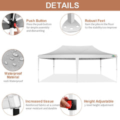 COBIZI 10'x20' Pop Up Canopy Tent with 6 Sidewalls, Wedding Party Tent Outdoor Canopy UV50+ Waterproof Canopy Tent Event Shelter, 3 Adjustable Heights, with Carry Bag, White