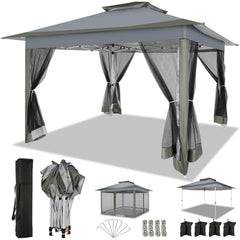 HOTEEL 12'x12' Pop Up Gazebo Patio Outdoor Canopy Tent with 8 Mosquito Nettings, Adjustable Height and 144 Square ft of Shade for Garden, Party, Backyard with Vented Top, Gray