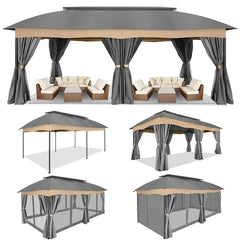 COBIZI Heavy Duty 12'x20' Metal Patio Gazebo Outdoor Gazebo Canopy Tent with 6 Mosquito Netting and Curtains Gazebos Shelter 100% Waterproof with Double Roof for Party, Backyard, Deck, Garden, Gray