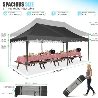 YUEBO Canopy 10' x 20' Pop Up Canopy Tent Heavy Duty Waterproof Adjustable Commercial Instant Canopy Outdoor Party Canopy Parties,Wedding,Outside Patio,Event,Backyard,Black
