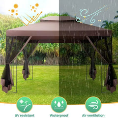 COBIZI 10' x 13' Pop Up Gazebo, Screened Patio Gazebo, Outdoor Steel Double Roof Canopy Tent, Metal Frame Canopy with Mosquito Netting, Sunshade for Garden, Lawns, Brown