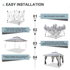 COBIZI 12x12 Outdoor Gazebo Pop Up Gazebo Canopy with Mosquito Netting Patio Tent Backyard Canopy with 2-Tiered Vented Top 3 Adjustable Height, Gray