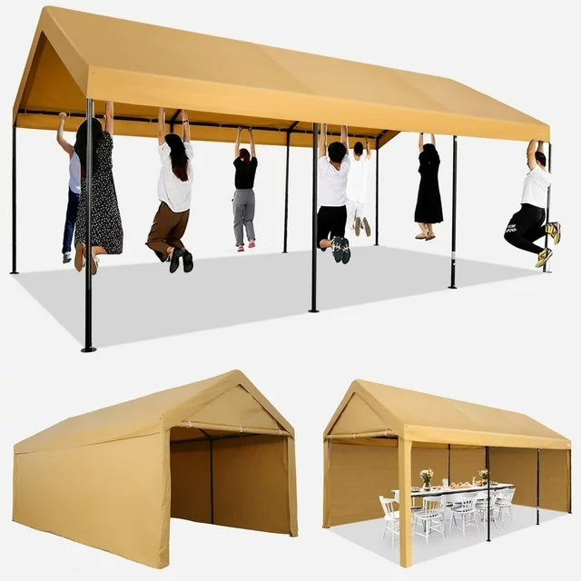 YUEBO Carport, 10'x 20' Heavy Duty Carport with Roll-up Ventilated Windows, Portable Garage with Removable Sidewalls & Doors for Car, Truck, Boat, Car Canopy with All-Season Tarp, Yellow