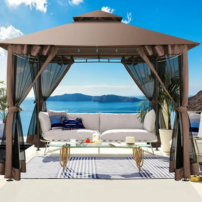 COBIZI 10'x10'Canopy with Mosquito Netting,Shade Tent for Party, Outdoor Activities, Backyard, Patio Lawn & Garden,Brown