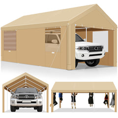 COBIZI Carport 10'x20' Large Heavy Duty Car Canopy with Steel Frame, Portable Garage Wedding Tent Big Tents Carports Shelter, All-Season Tarp for Outdoor Party Birthday, Khaki