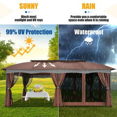 HOTEEL Gazebo 12x20 Heavy Duty Patio Gazebo with Mosquito Netting Deck Gazebo with Metal Steel Frame Large Screen Gazebo Tent Waterproof with Double Roof for Party, Backyard, Deck, Garden, Brown