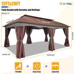 HOTEEL Gazebo 12x20 Heavy Duty Patio Gazebo with Mosquito Netting Deck Gazebo with Metal Steel Frame Large Screen Gazebo Tent Waterproof with Double Roof for Party, Backyard, Deck, Garden, Brown