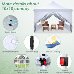 Hoteel 10x10 Pop Up Canopy Tent with 3 Sidewalls, Outdoor Canopy Tent Waterproof Pop Up Backyard Canopy Portable Party Commercial Instant Canopy Shelter Tent Gazebo for Wedding Camping, White