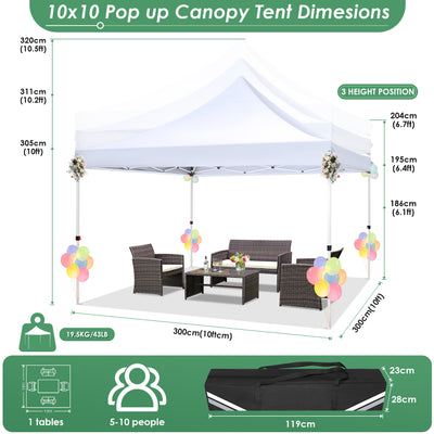 Hoteel 10x10 Pop Up Canopy Tent with 3 Sidewalls, Outdoor Canopy Tent Waterproof Pop Up Backyard Canopy Portable Party Commercial Instant Canopy Shelter Tent Gazebo for Wedding Camping, White