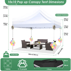 Hoteel 10x10 Pop Up Canopy Tent with 3 Sidewalls, Outdoor Canopy Tent Waterproof Pop Up Backyard Canopy Portable Party Commercial Instant Canopy Shelter Tent Gazebo for Wedding Camping, White