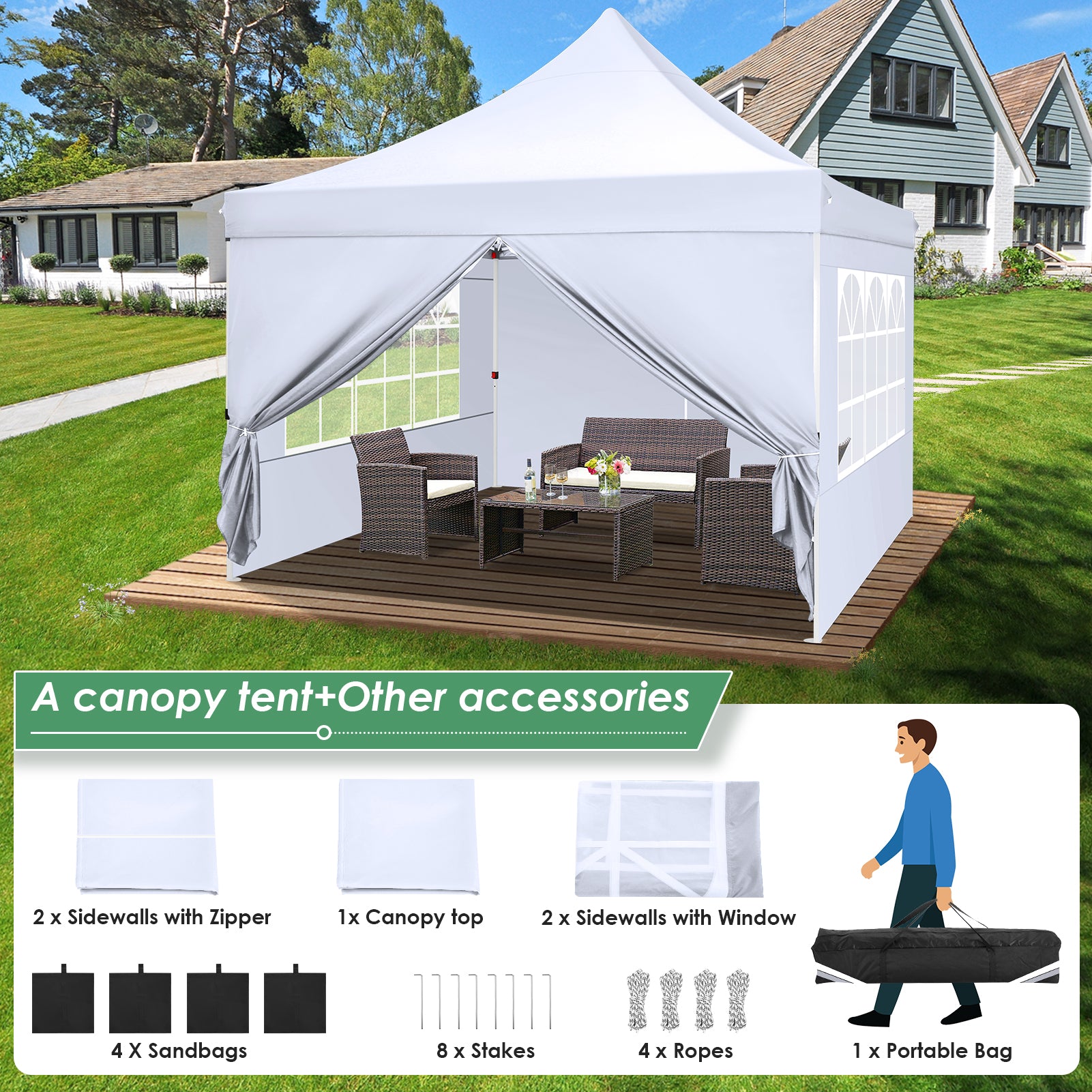 Hoteel 10x10 Pop Up Canopy Tent with 3 Sidewalls, Outdoor Canopy Tent Waterproof Pop Up Backyard Canopy Portable Party Commercial Instant Canopy Shelter Tent Gazebo for Wedding Camping, White