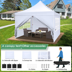 Hoteel 10x10 Pop Up Canopy Tent with 3 Sidewalls, Outdoor Canopy Tent Waterproof Pop Up Backyard Canopy Portable Party Commercial Instant Canopy Shelter Tent Gazebo for Wedding Camping, White