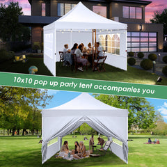 Hoteel 10x10 Pop Up Canopy Tent with 3 Sidewalls, Outdoor Canopy Tent Waterproof Pop Up Backyard Canopy Portable Party Commercial Instant Canopy Shelter Tent Gazebo for Wedding Camping, White