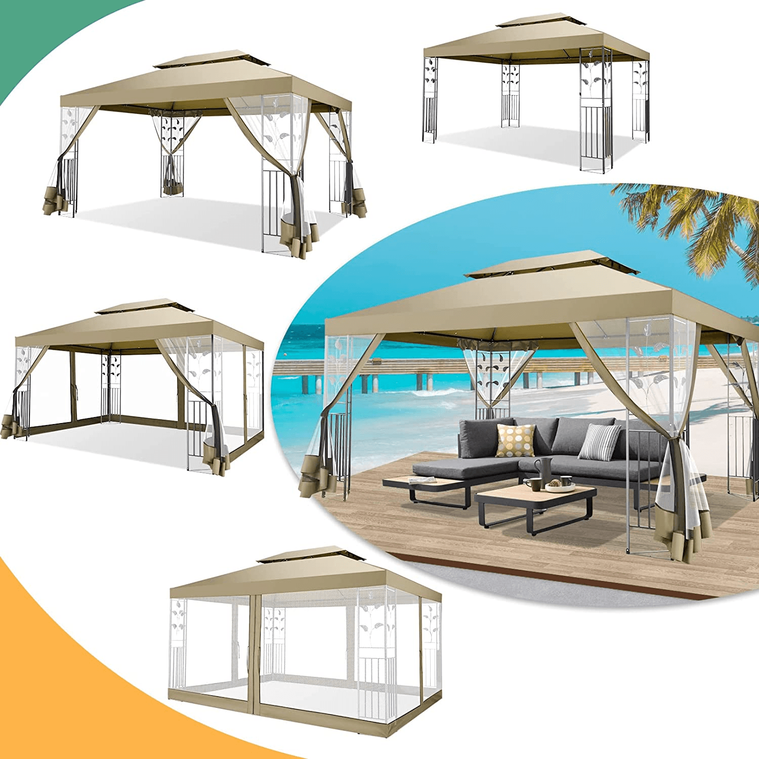 COBIZI 10x13 Outdoor Gazebo with Leaf Screen Steel Frame and Mosquito Netting - COBIZI