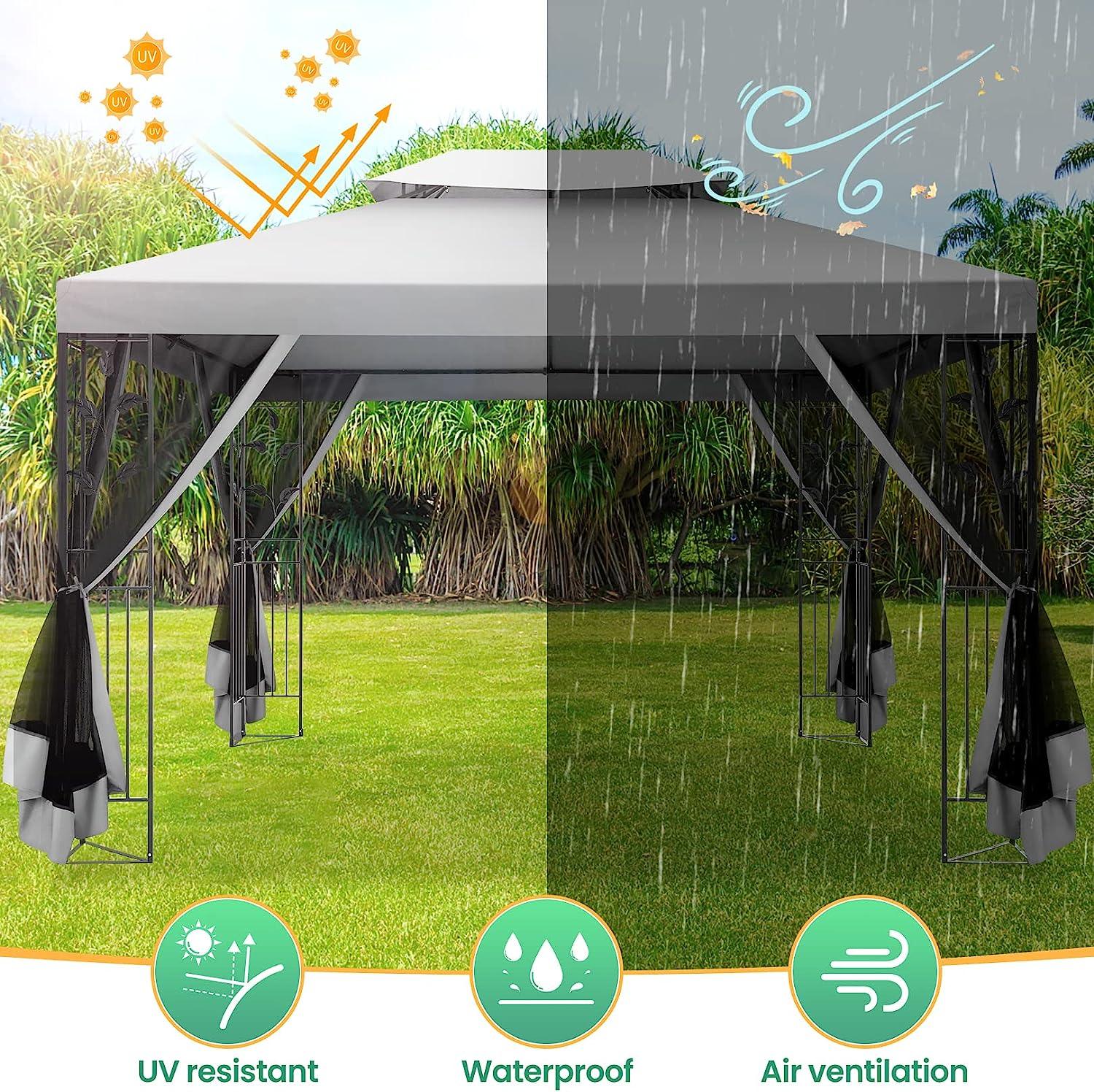COBIZI 10x13 Outdoor Gazebo with Leaf Screen Steel Frame and Mosquito Netting - COBIZI
