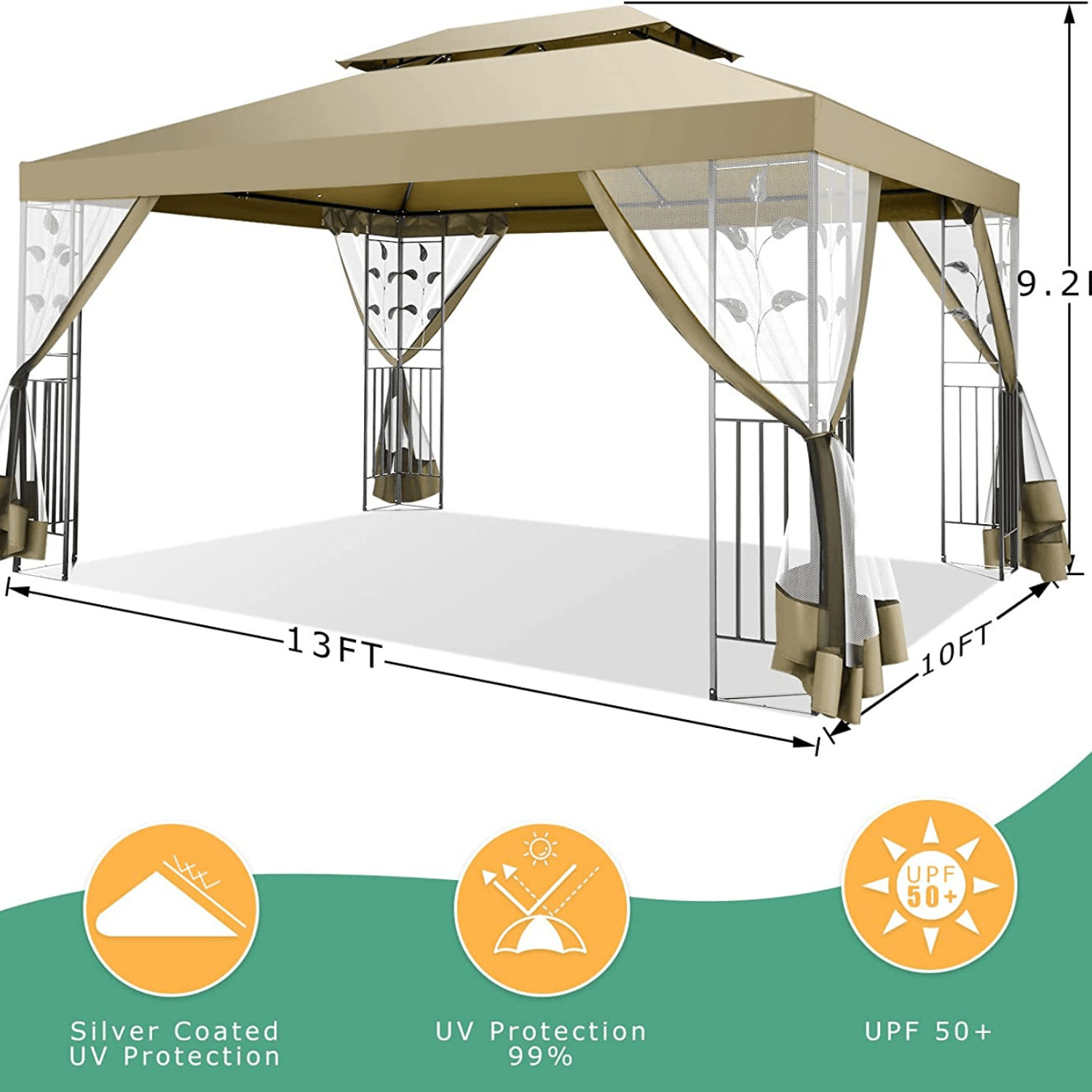 COBIZI 10x13 Outdoor Gazebo with Leaf Screen Steel Frame and Mosquito Netting - COBIZI