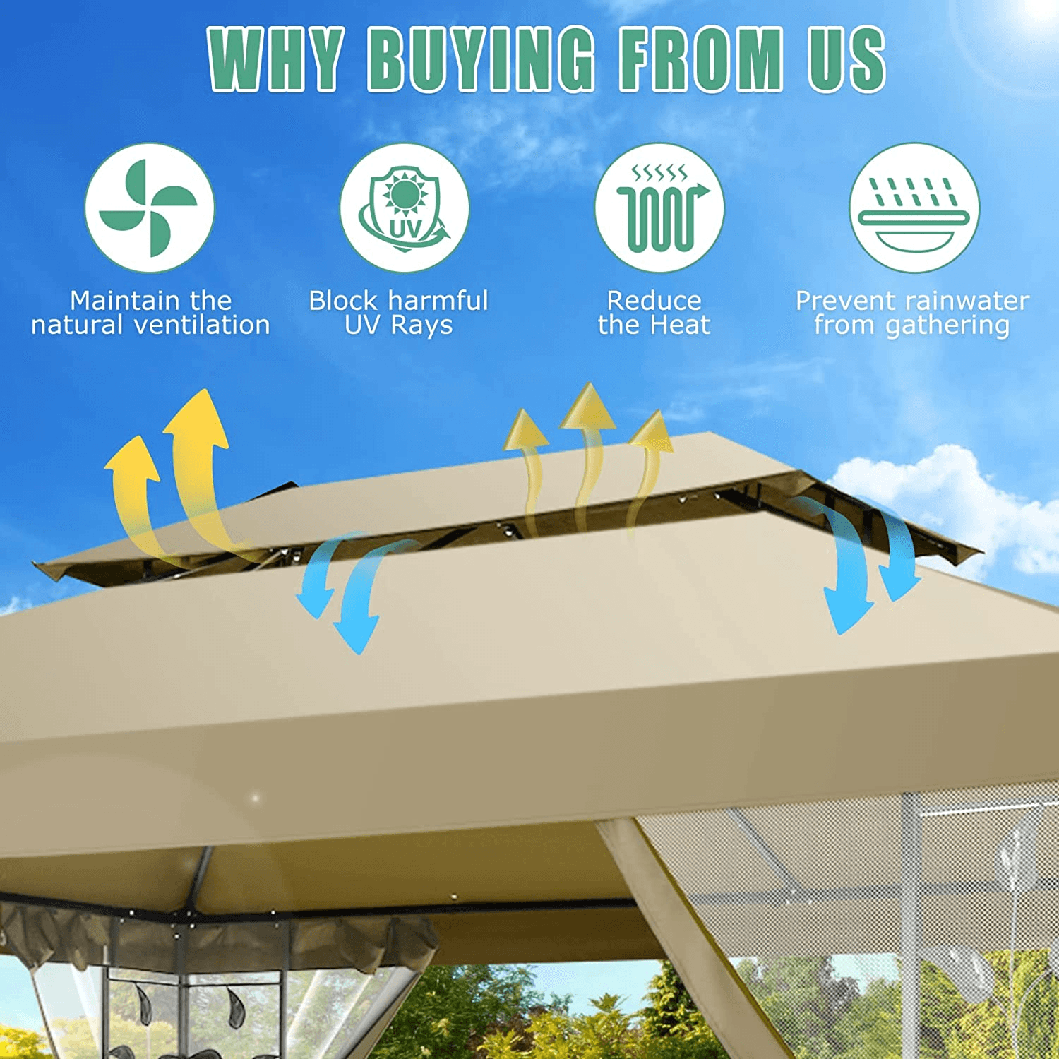 COBIZI 10x13 Outdoor Gazebo with Leaf Screen Steel Frame and Mosquito Netting - COBIZI