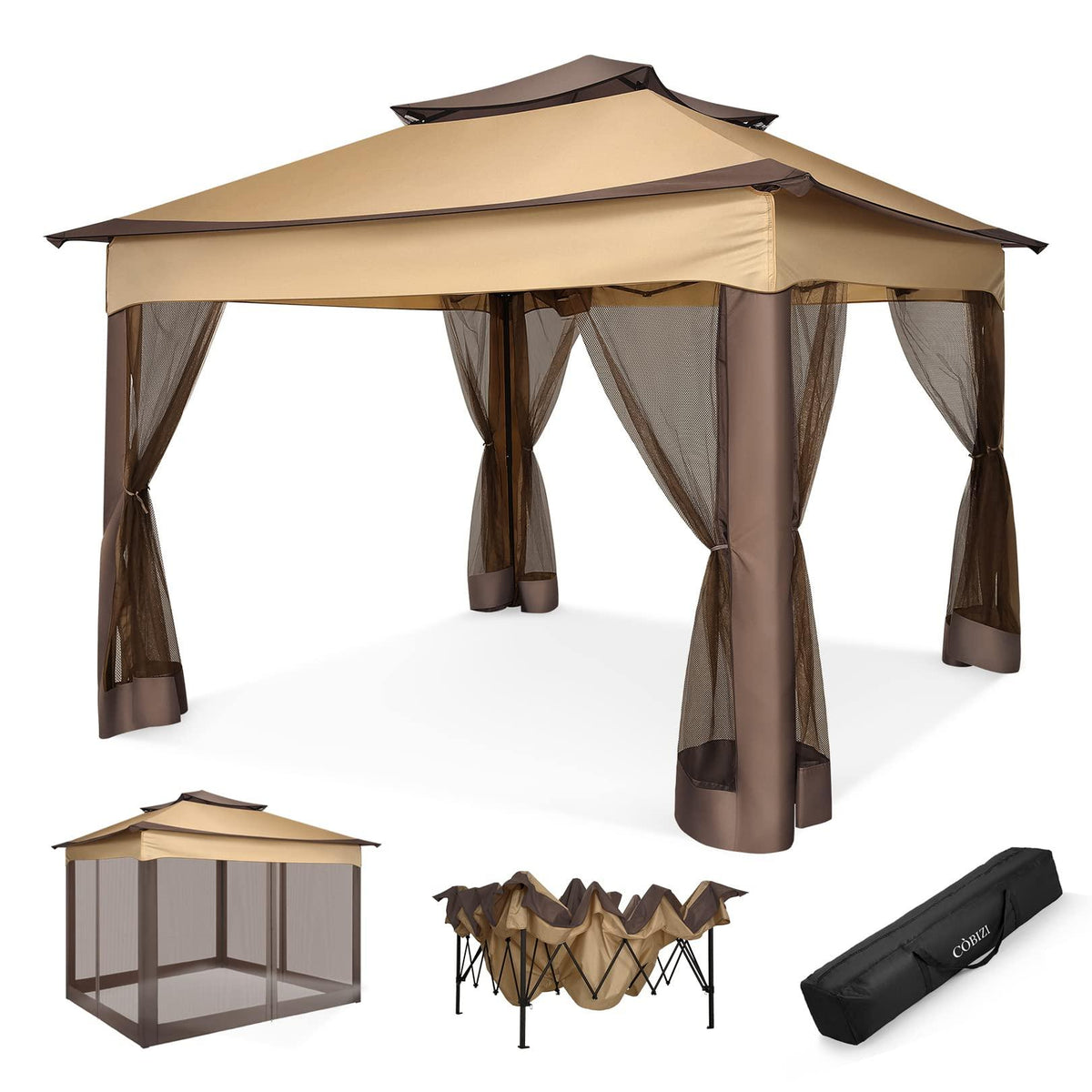 COBIZI Double Top Gazebo Waterproof Canopy 10'x10' with Gauze Sidewall - COBIZI