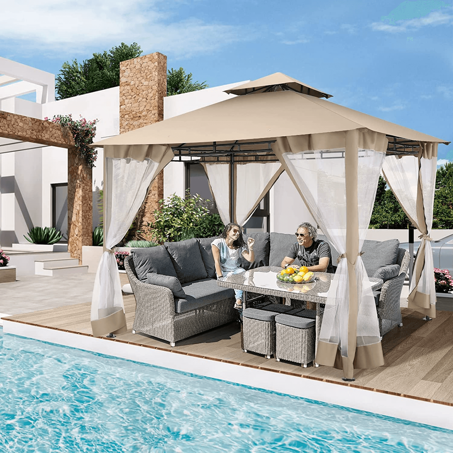 COBIZI Gazebo 10x10 Double Rooftops with Mosquito Netting Waterproof Screened Gazebo - COBIZI