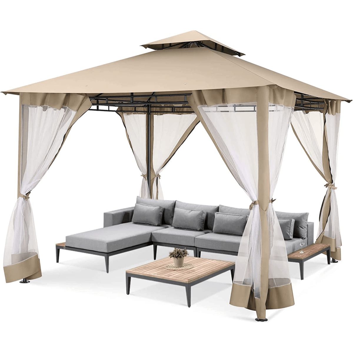 COBIZI Gazebo 10x10 Double Rooftops with Mosquito Netting Waterproof Screened Gazebo - COBIZI