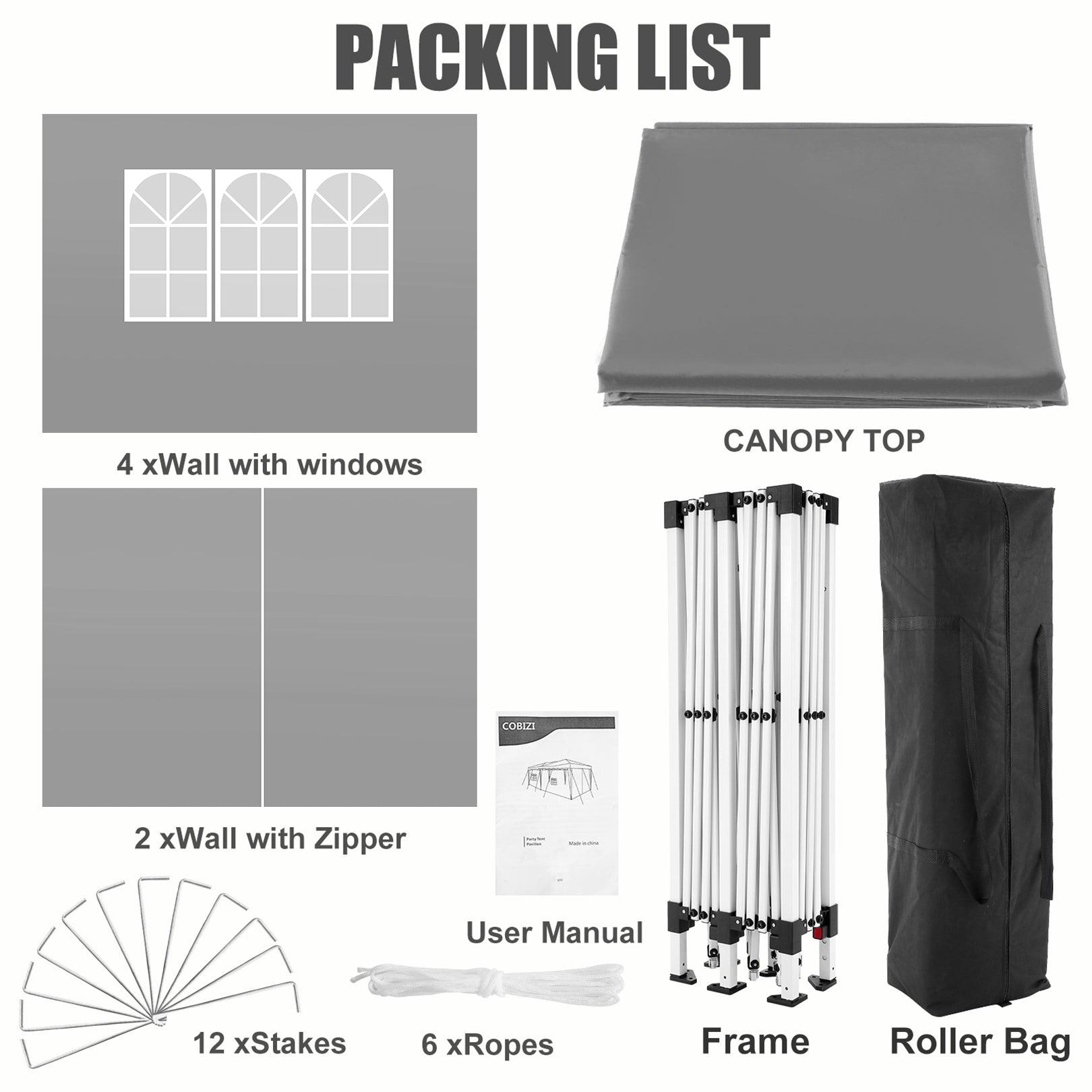 COBIZI Pop Up Canopy Large Party Tent Shelter 10'x20' with 6 Sidewalls - COBIZI