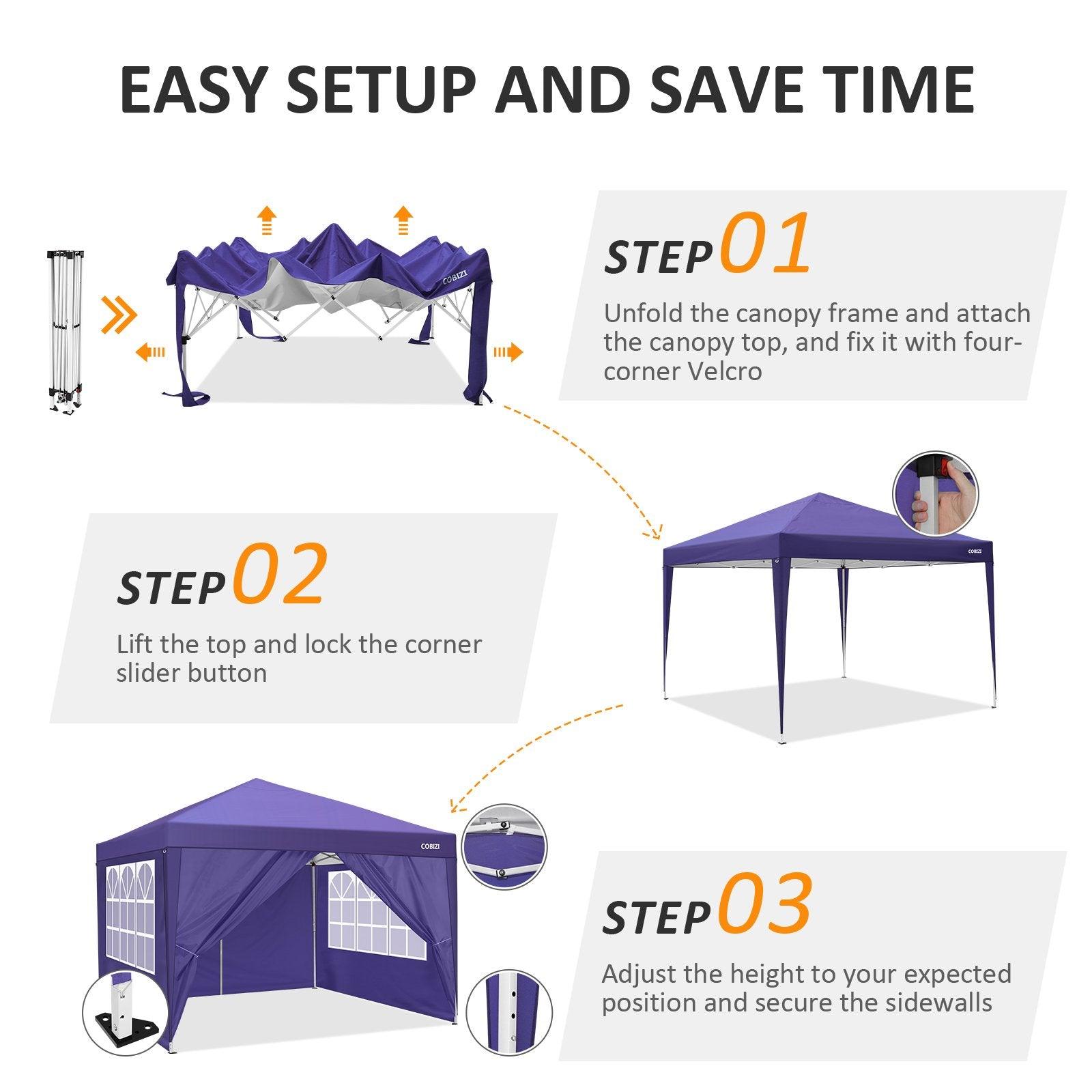 COBIZI Pop Up Canopy Shade Waterproof Tent 10'x10' with 4 Sidewalls - COBIZI