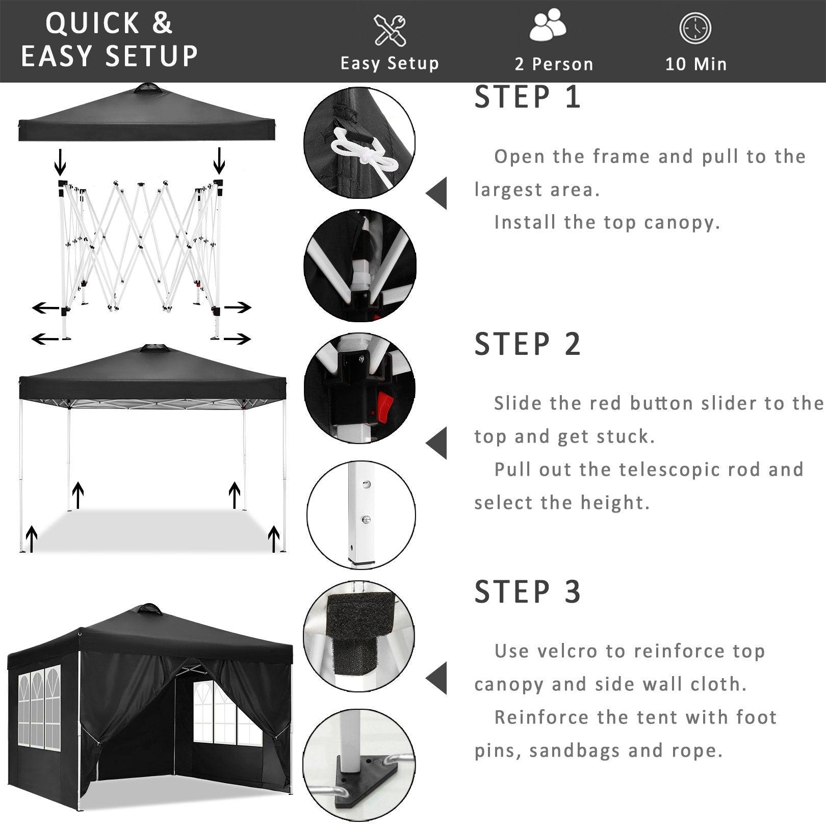 COBIZI Pop Up Canopy Shade Waterproof Tent 10'x10' With Sidewalls Vent - COBIZI