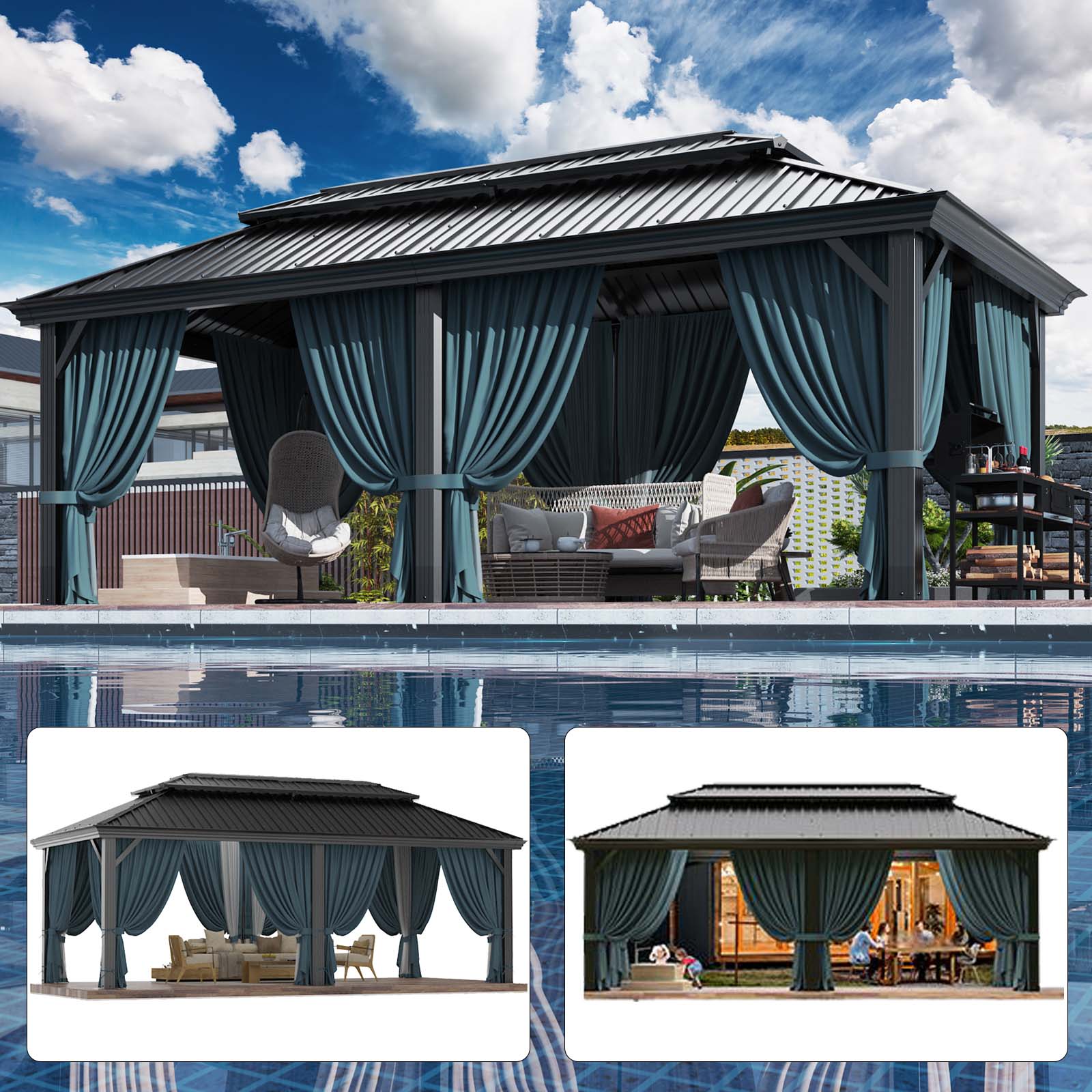 HOTEEL 10'x15' Hardtop Gazebo, Outdoor Steel Double Galvanized Roof Canopy, Aluminum Frame Permanent Pavilion Metal Gazebo with Curtains and Nettings, Sunshade for Patios, Gardens, Lawns, Black