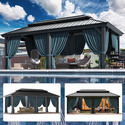 HOTEEL 10'x15' Hardtop Gazebo, Outdoor Steel Double Galvanized Roof Canopy, Aluminum Frame Permanent Pavilion Metal Gazebo with Curtains and Nettings, Sunshade for Patios, Gardens, Lawns, Black