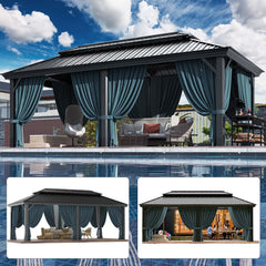 HOTEEL 10'x15' Hardtop Gazebo, Outdoor Steel Double Galvanized Roof Canopy, Aluminum Frame Permanent Pavilion Metal Gazebo with Curtains and Nettings, Sunshade for Patios, Gardens, Lawns, Black
