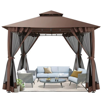 COBIZI 10'x10'Canopy with Mosquito Netting,Shade Tent for Party, Outdoor Activities, Backyard, Patio Lawn & Garden,Brown