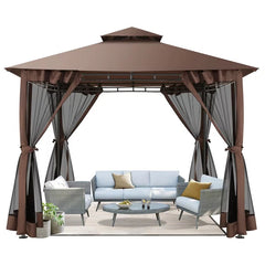 COBIZI 10'x10'Canopy with Mosquito Netting,Shade Tent for Party, Outdoor Activities, Backyard, Patio Lawn & Garden,Brown